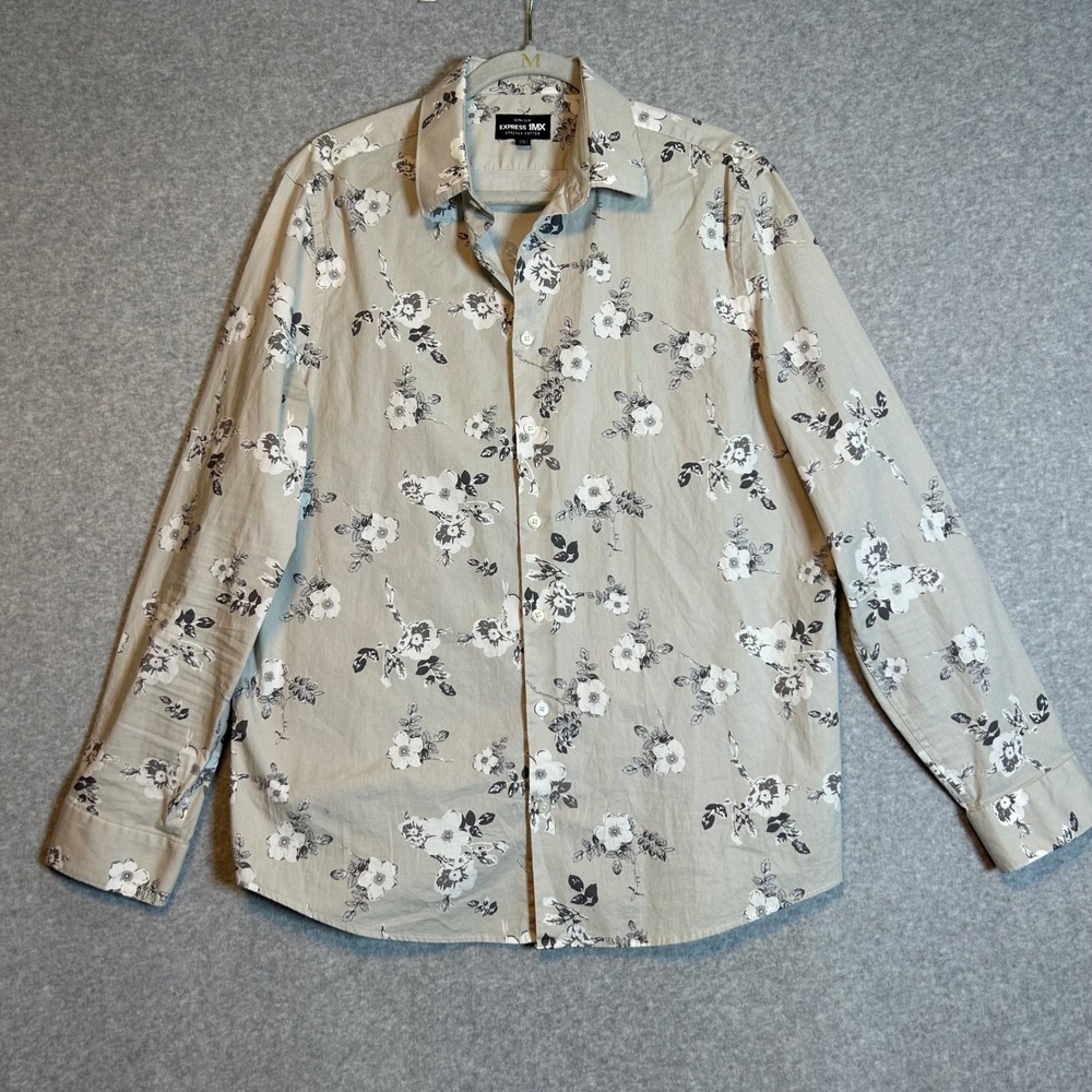 Express 1MX Shirt Mens L Tan Floral Extra Slim Fit Stretch Cotton Dark Academia